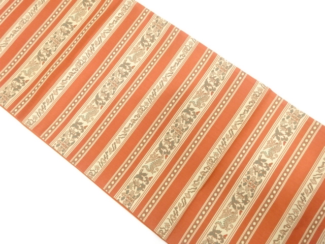 未使用品　本場筑前博多　横段に動物・更紗模様織り出し袋帯(未仕立て)